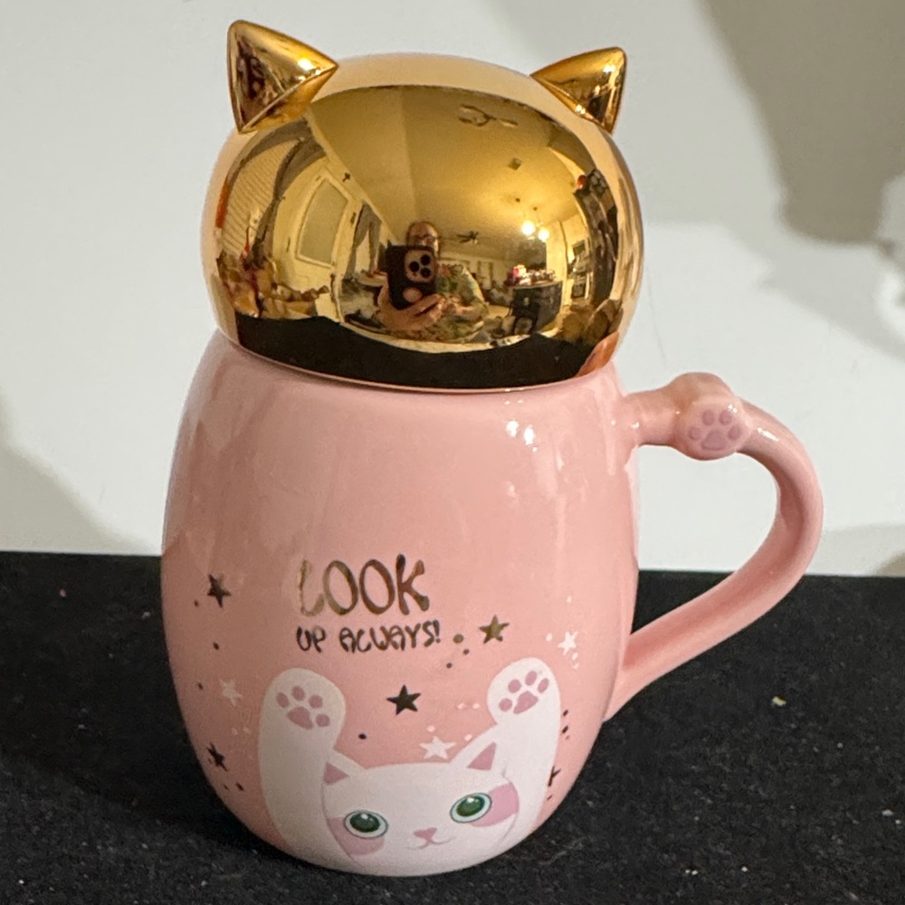 Gold and Pink Cat Mug with Lid “Look Up Always “